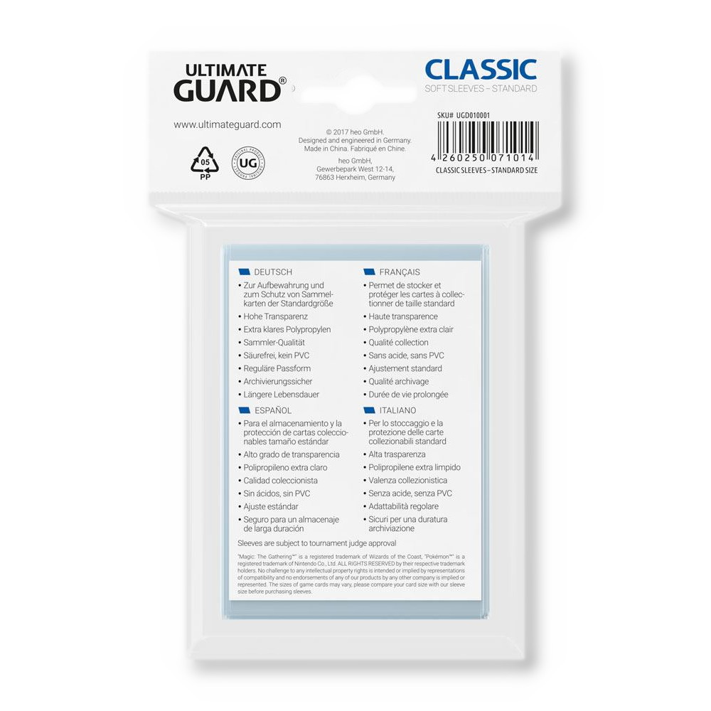 100 pochettes Classic Soft Sleeves taille standard Transparent - Ultimate Guard